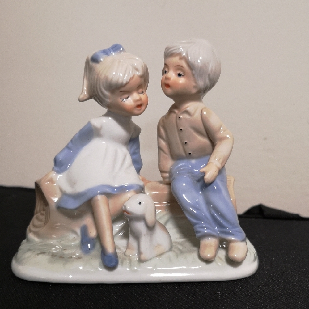 Charming Porcelain Figurine of Boy and Girl with Dog or Lamb Beautifully Made